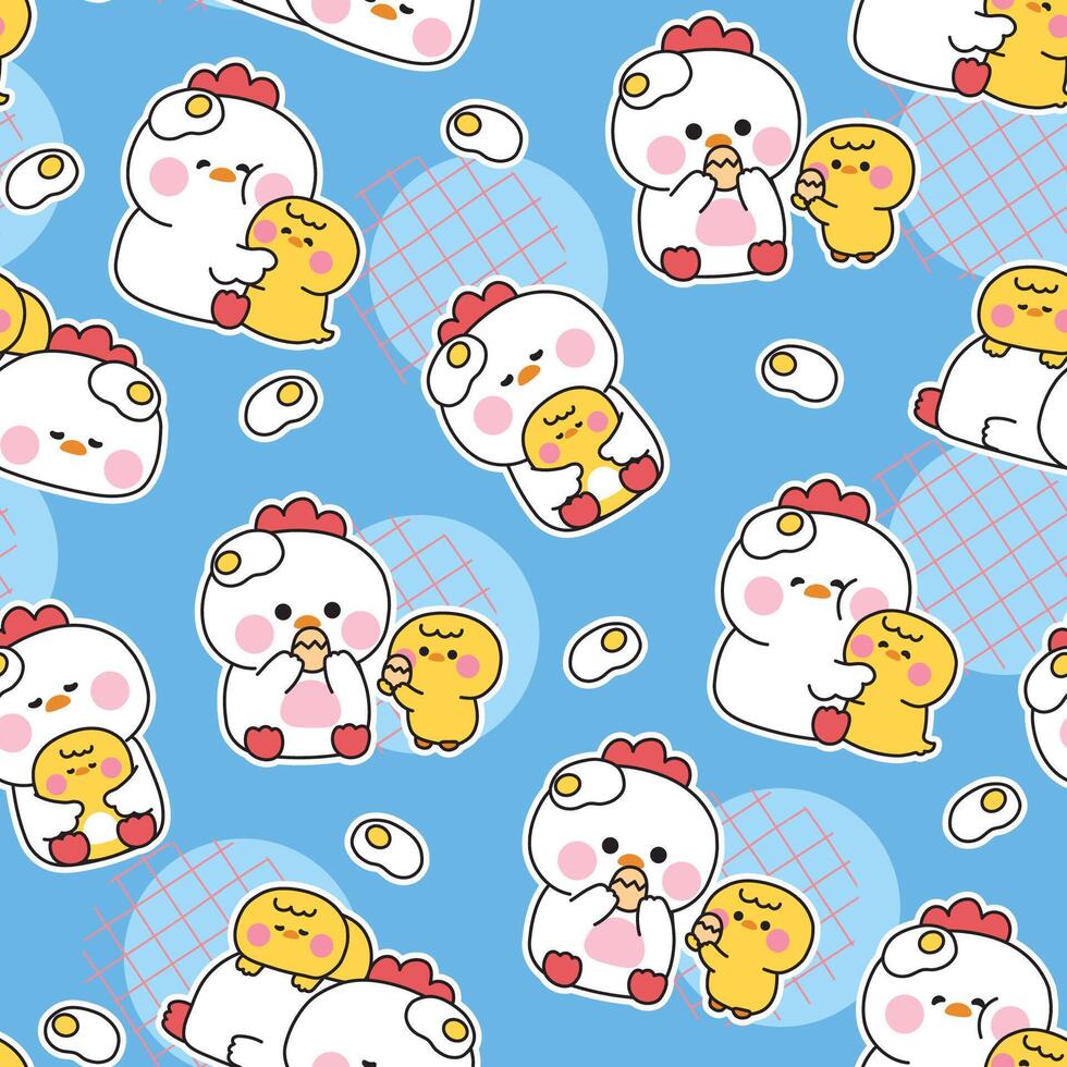 Seamless pattern of cute mom hen and baby chicken in various poses with fried egg on background.Mother day.Love.Farm bird animal character cartoon design.Kawaii..Illustration. vector