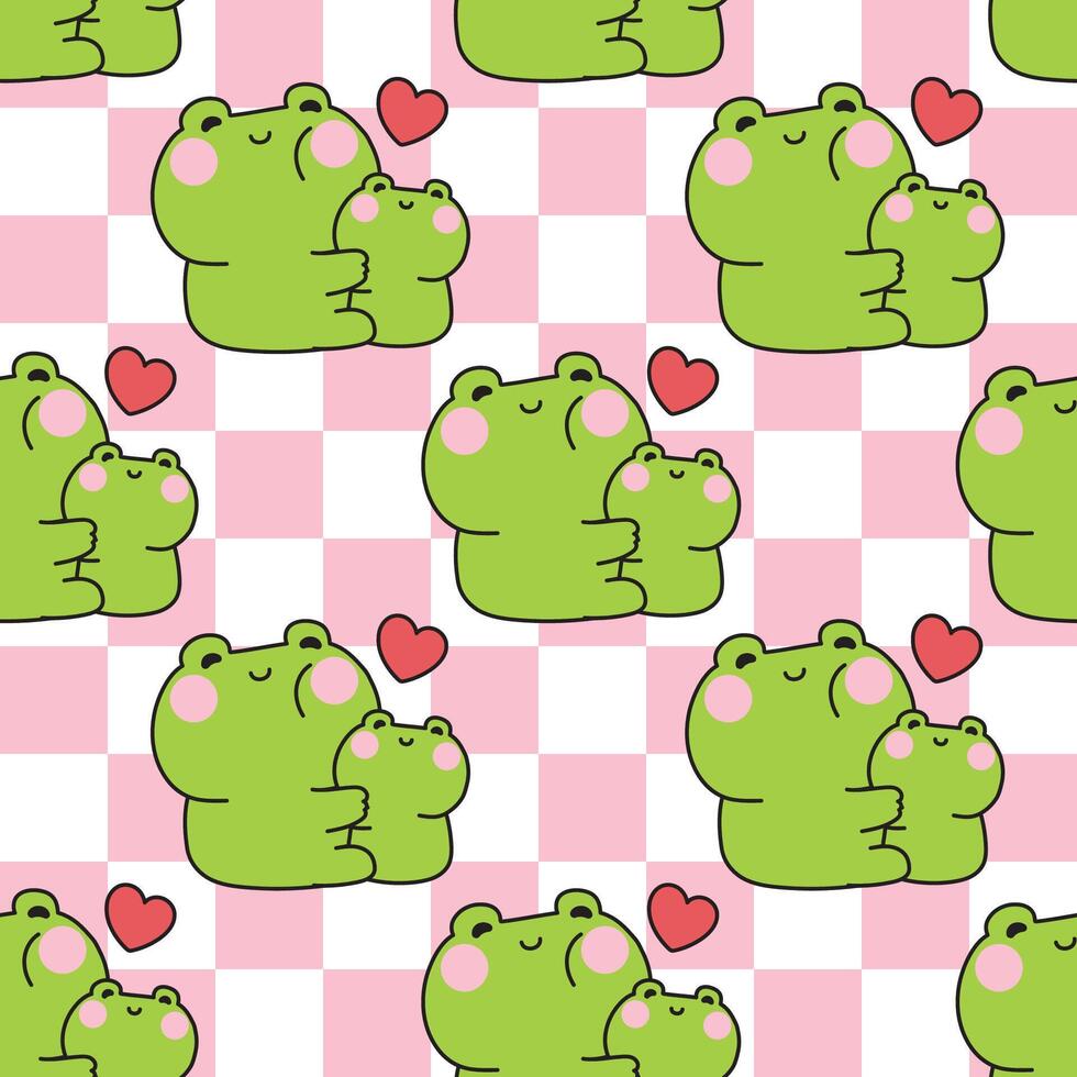 Seamless pattern of cute mom frog hug baby frog with heart background.Mother day.Love.Reptile animal character cartoon design.Image for card,sticker,baby product,print screen.Kawaii.. vector