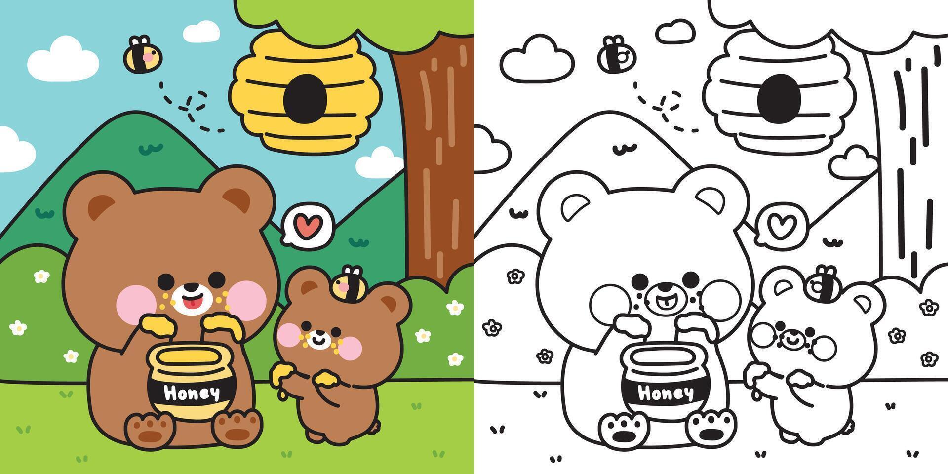 Coloring pages.Cute mom teddy bear and baby eating honey stay on grass jungle.Tree,mountain,cloud,flower,honeycombed.Mother day.Love.Heart.Wild animal cartoon.Painting book.Kawaii..Illustration. vector