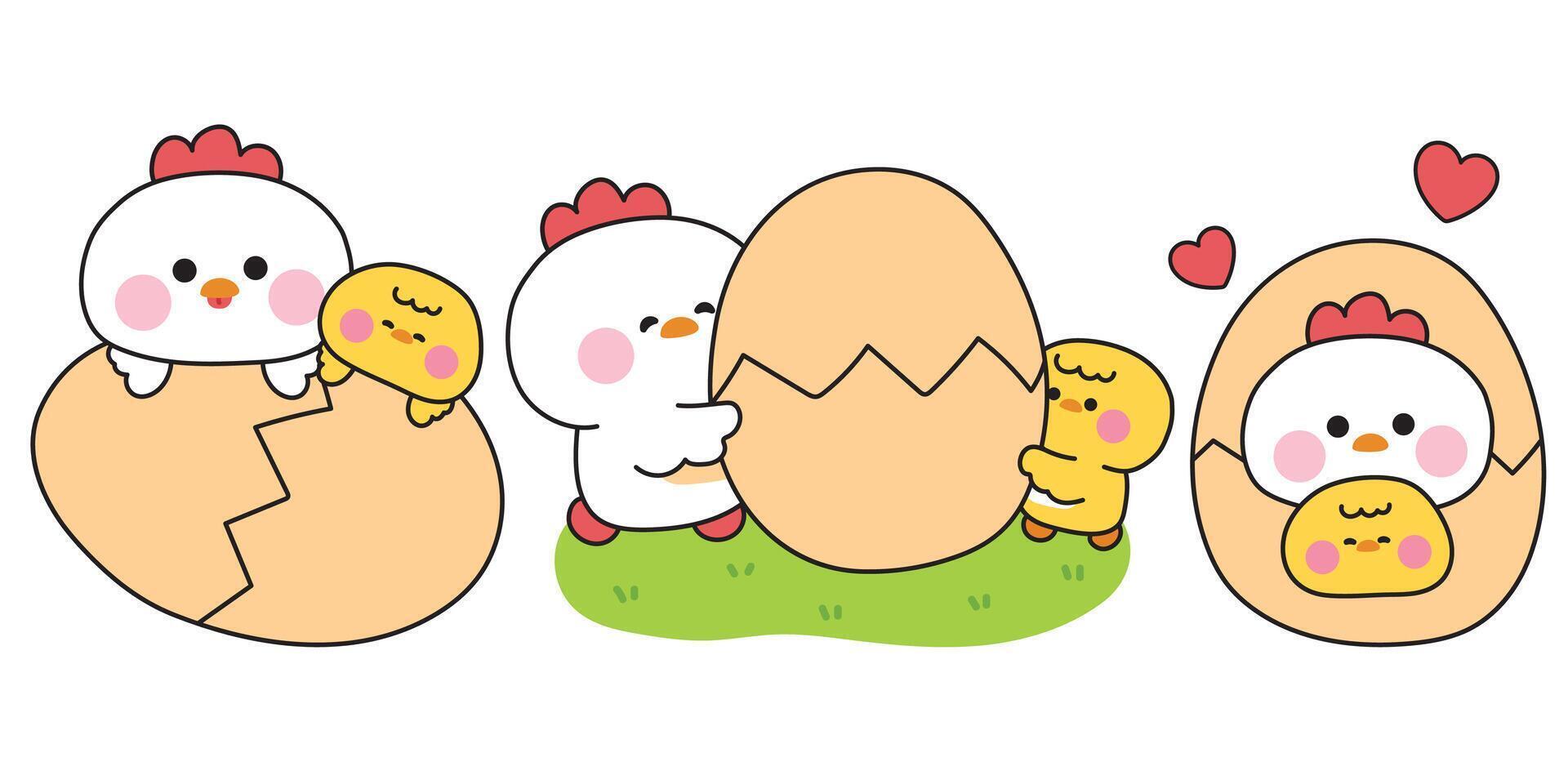 No3.Set of cute mom hen and baby chicken in various poses.Mother day.Love.Egg.Heart.Farm bird animal character cartoon design.Kawaii..Illustration. vector
