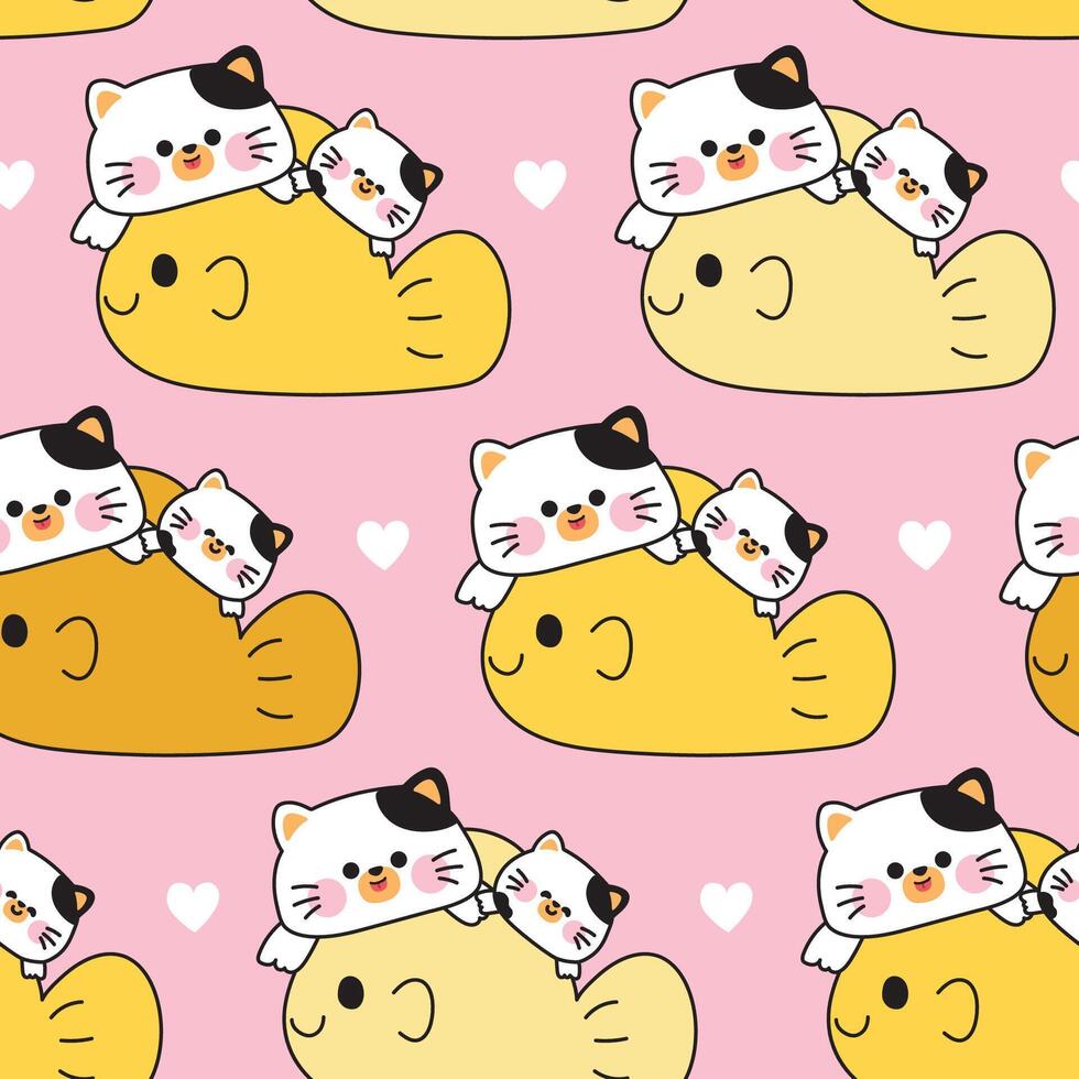 Seamless pattern of cute mom cat and baby cat stay on big fish with heart background.Kitten.Meow.Mother day.Love.Pet animal character cartoon design.Kawaii..Illustration. vector