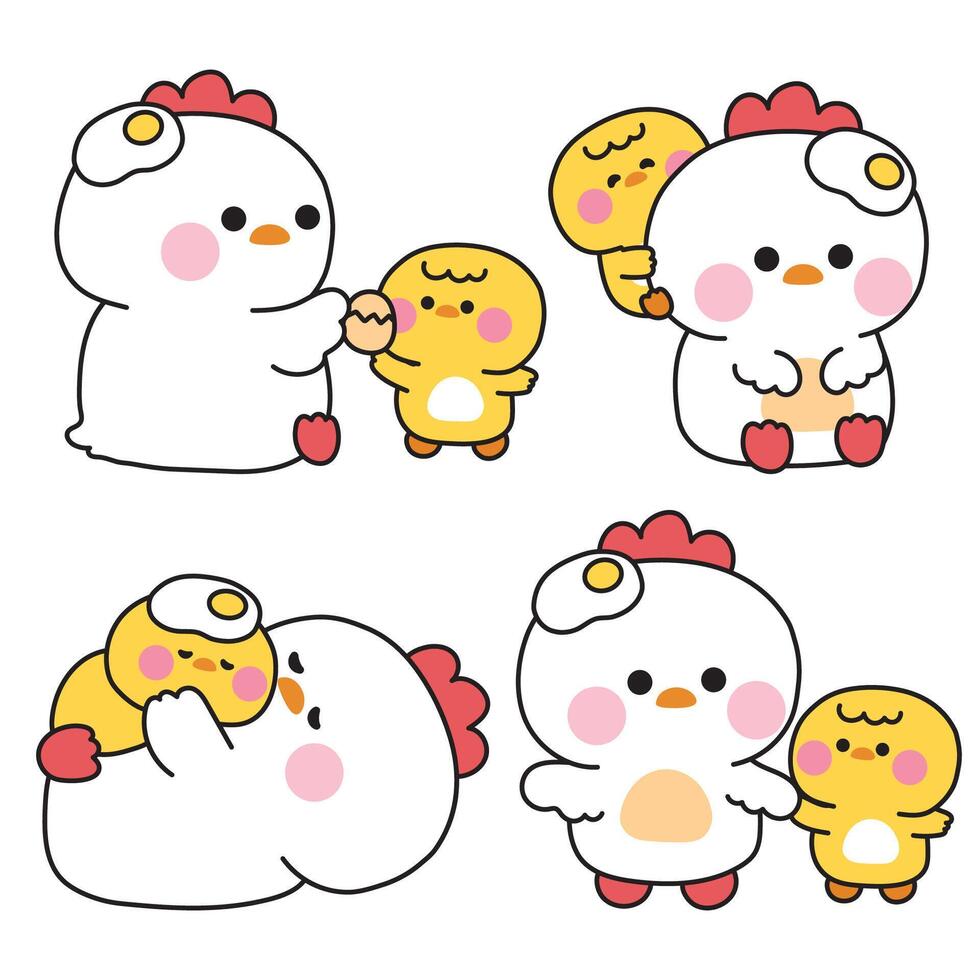 No1.Set of cute mom hen and baby chicken in various poses.Mother day.Love.Fried egg.Farm bird animal character cartoon design.Kawaii..Illustration. vector