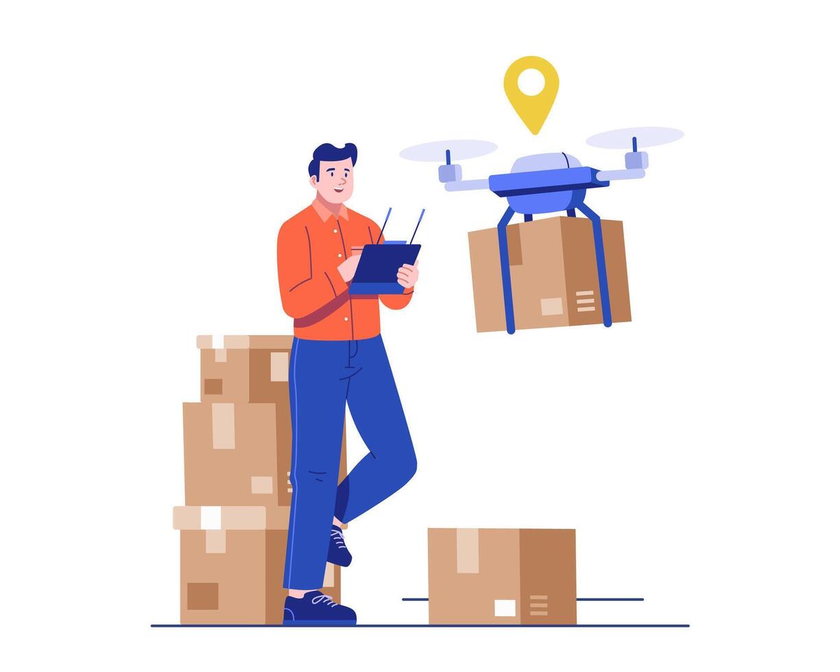 A courier operates a delivery drone using a remote control while standing near a stack of packages. Concept of drone shipping and smart futuristic logistics in a flat style vector