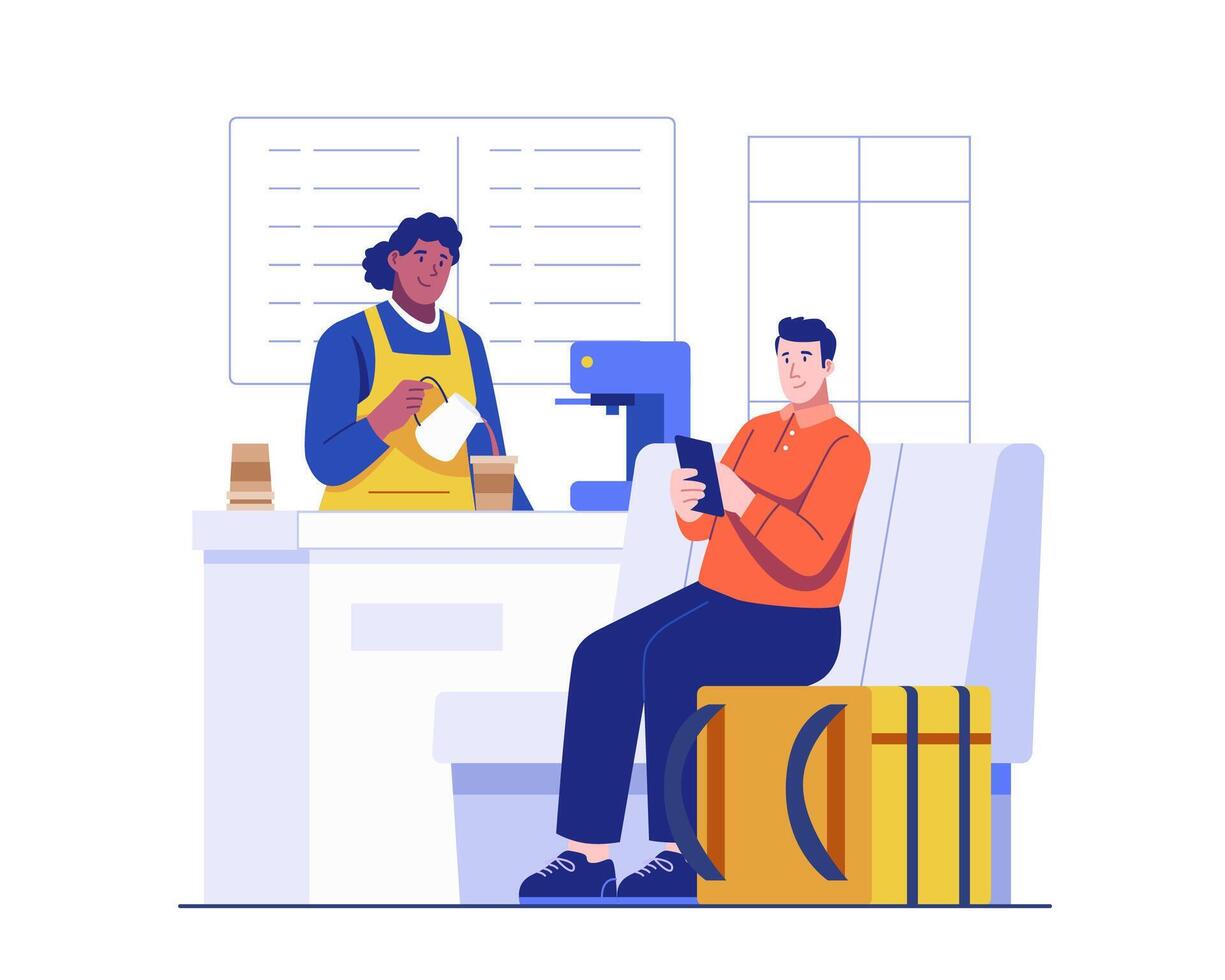 A barista worker serves an order from a food delivery courier at a cafe Restaurant. A male courier sits on a chair, waiting for the order to be prepared by a female barista vector
