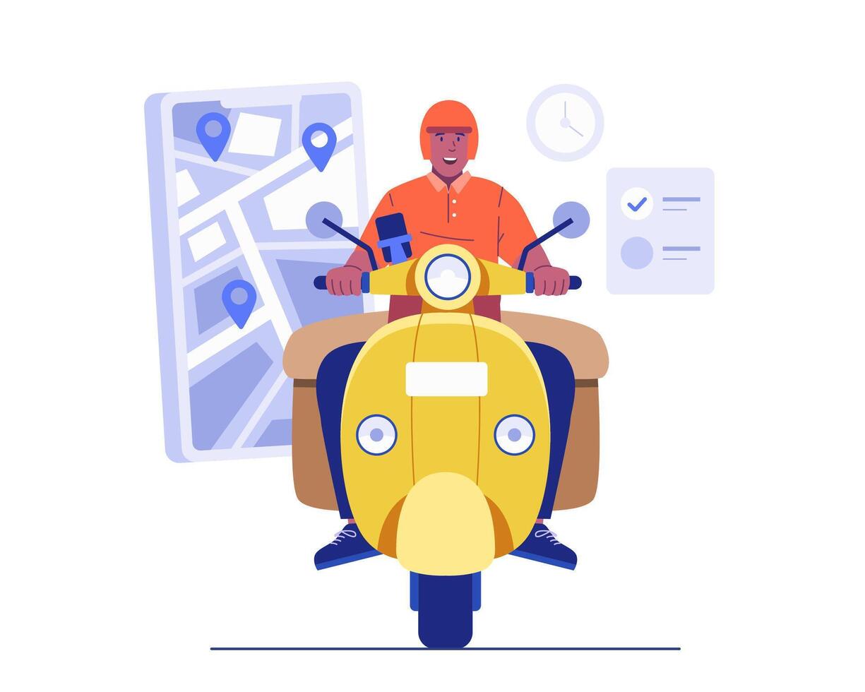 A male courier is riding a yellow scooter while using GPS on a mobile phone. With a map, clock, and checklist in the background. Illustration concept of smart delivery, logistics, and fast shipping vector