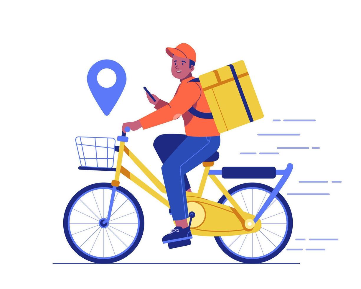 A male courier riding a bicycle with a parcel backpack. A delivery man on a bike delivering food, parcels, or other orders. Delivery service concept illustration vector