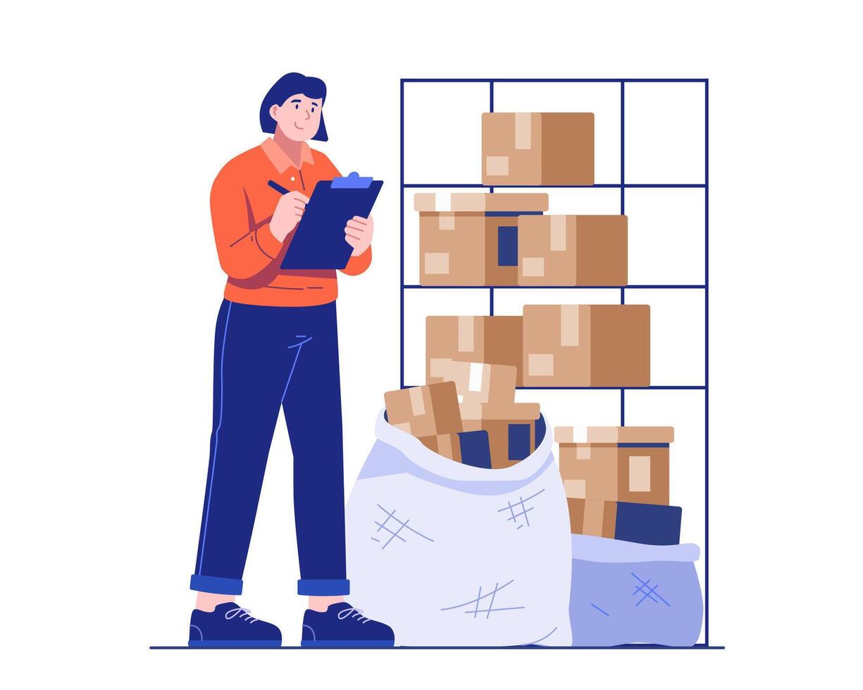 A female logistics worker holding a clipboard checks the inventory of cardboard packages in a warehouse. Illustration concept of parcel tracking, stock management, and delivery service vector