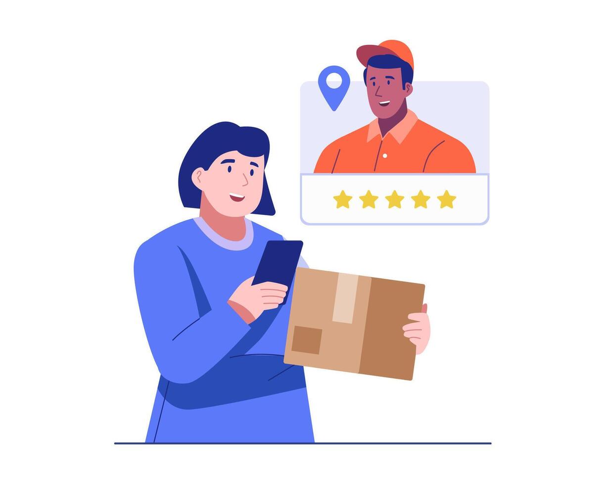 A happy woman gives a five-star review to a courier after receiving a parcel, showing appreciation for great service. Illustration concept of customer satisfaction, delivery review, and feedback vector