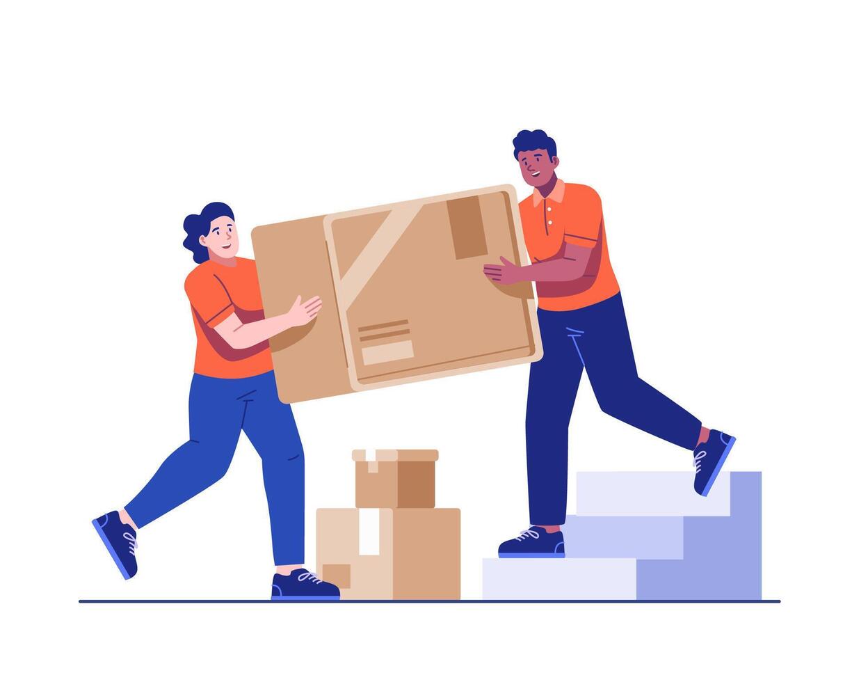 Male and female couriers work together to carry a large cardboard box. Illustration of teamwork in professional moving services, shipping logistics delivery vector
