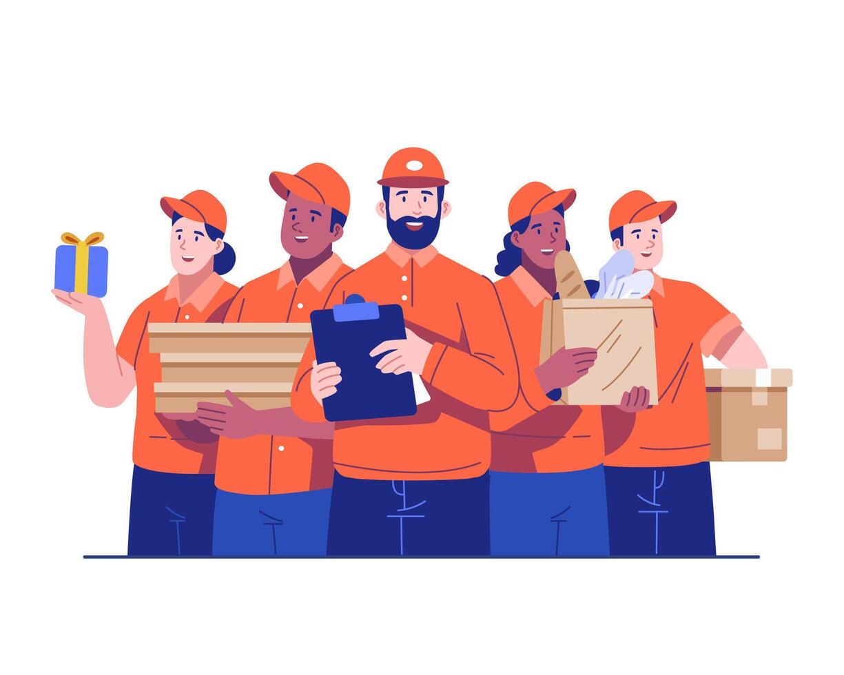 Diverse Courier Team Illustration Featuring Workers From Food Delivery, Grocery, Pizza, and Moving Services. Flat Character Design vector