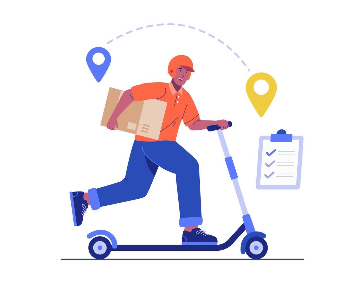 A delivery man riding an electric scooter while carrying a package. Concept of fast shipping, express courier service, and modern urban delivery. Flat illustration vector