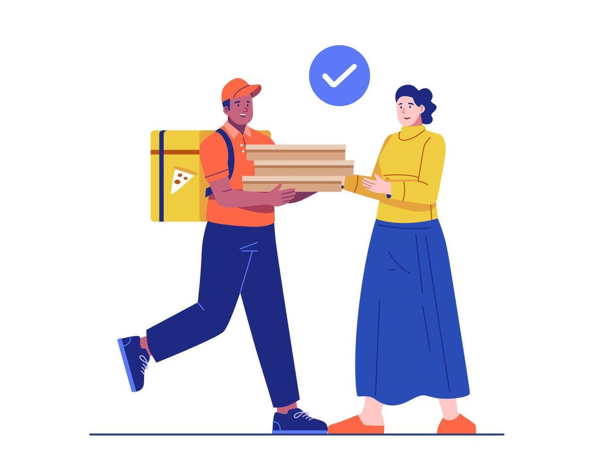 A male delivery courier is handing over stacked pizza boxes to a female customer. Illustration of food delivery, takeout service, and fast food concept vector