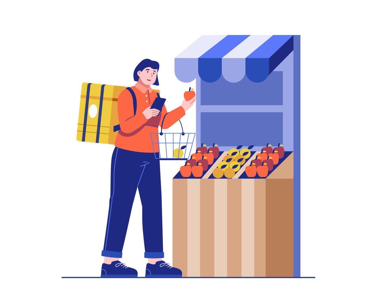 Illustration of a young female courier shopping for groceries ordered via a mobile app. Online fresh food delivery and modern grocery service concept vector