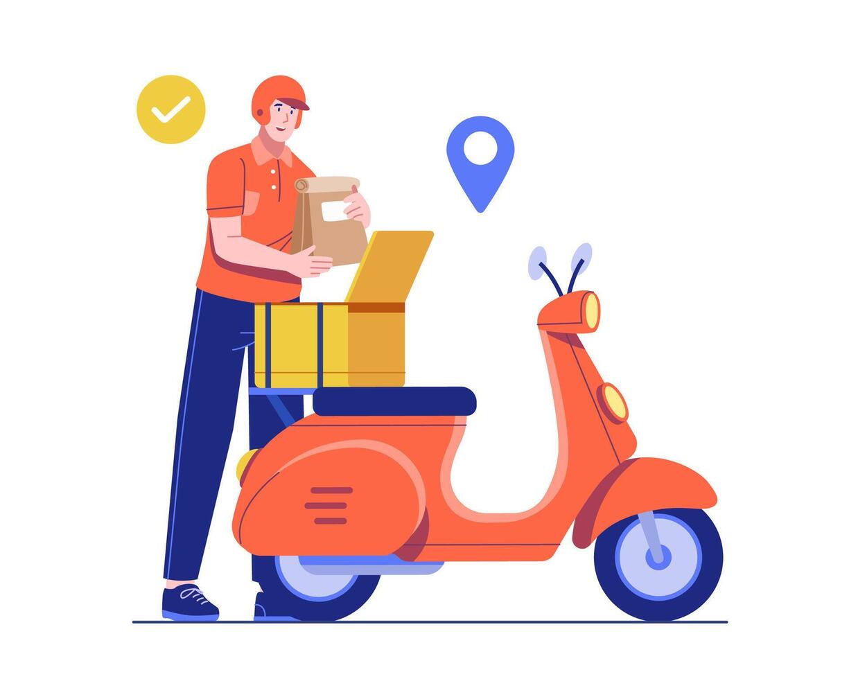 A food delivery courier loads a meal package into a scooter box, getting ready for fast and efficient delivery. Illustration concept of fast food delivery, express shipping, and urban logistics vector
