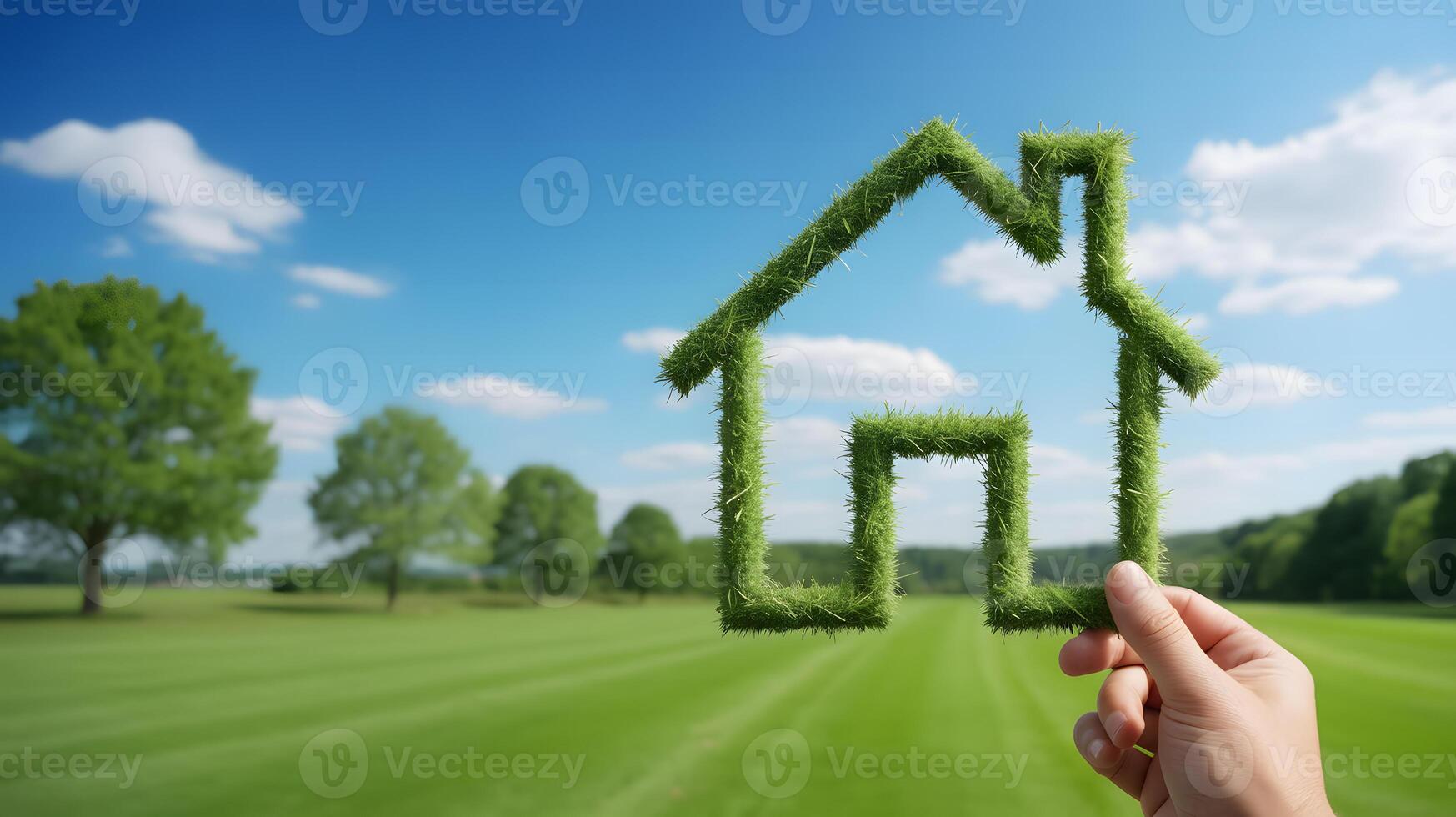 Green house on grass field with blue sky and trees photo