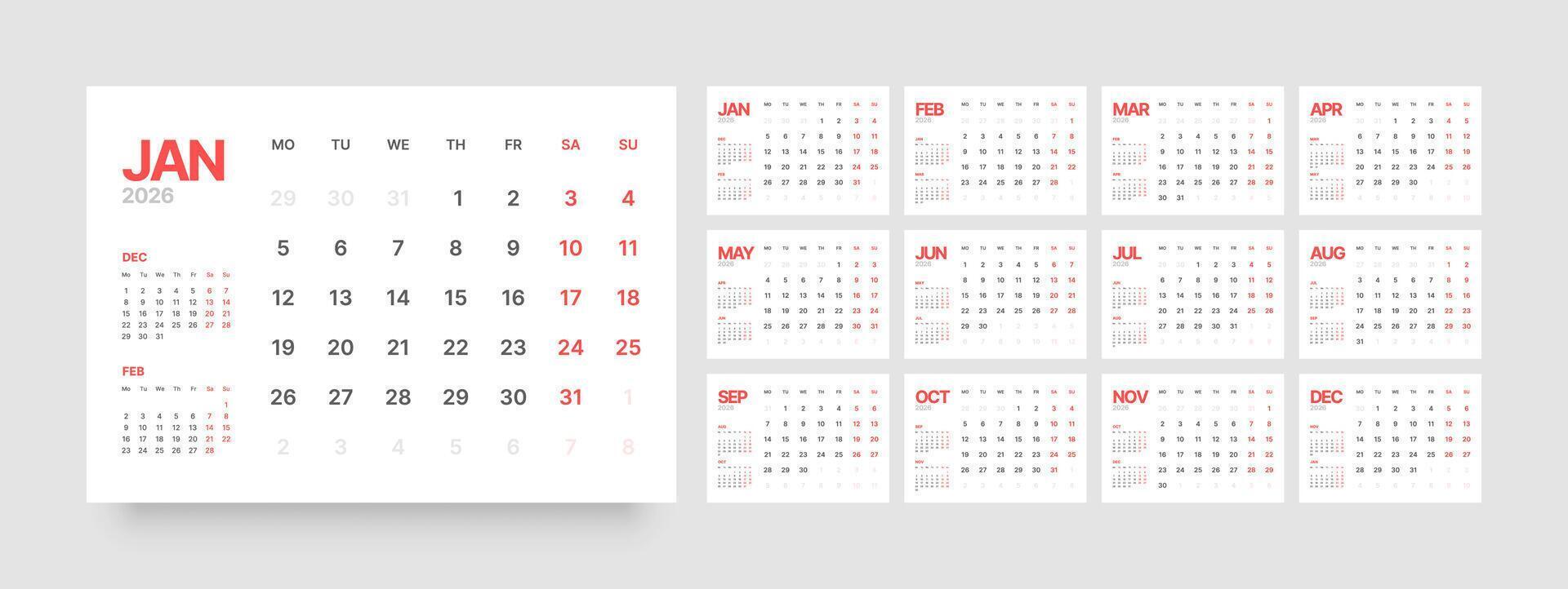 Diary planner for 2026 year. Monthly calendar layout for 2026 year. Week Starts on Monday. vector