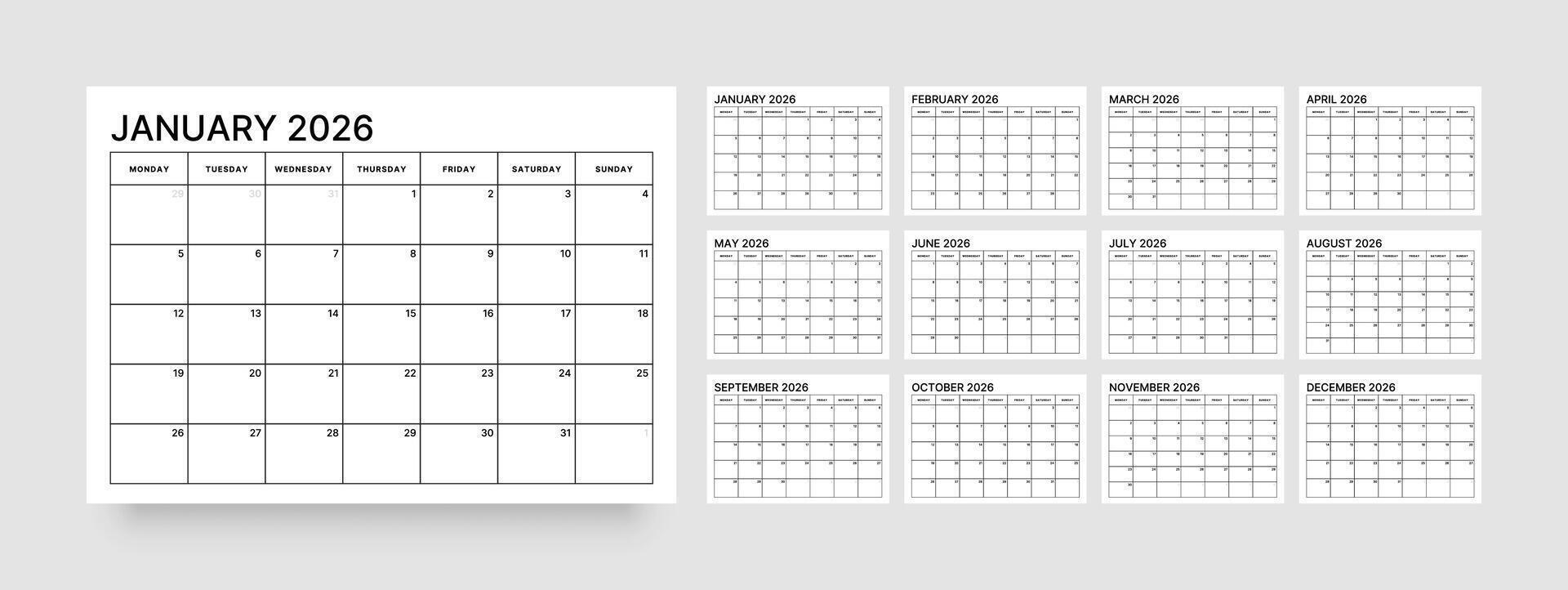 Monthly calendar layout for 2026 year. Week Starts on Monday. Diary planner for 2026 year. vector