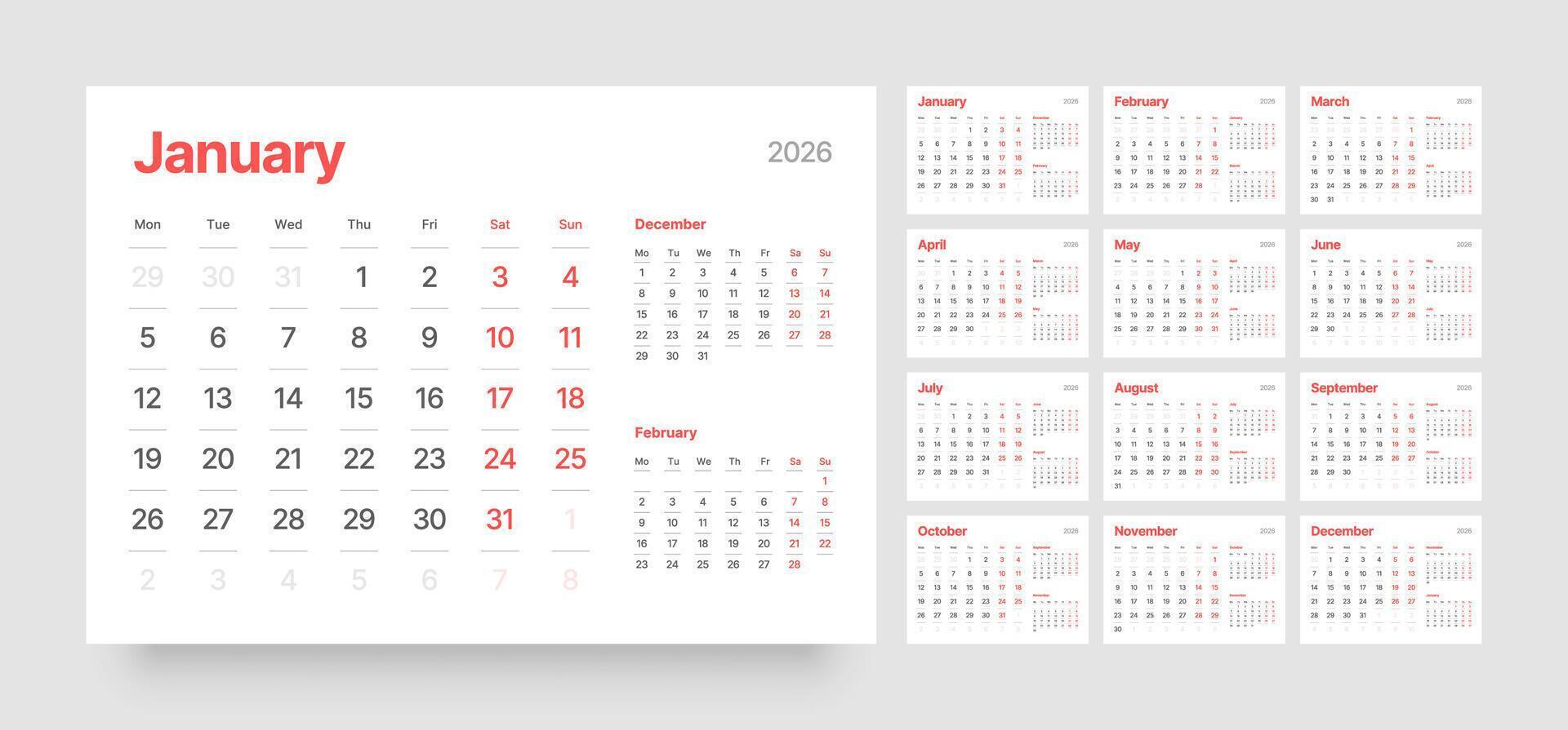 Diary planner for 2026 year. Week Starts on Monday. Monthly calendar layout for 2026 year. vector