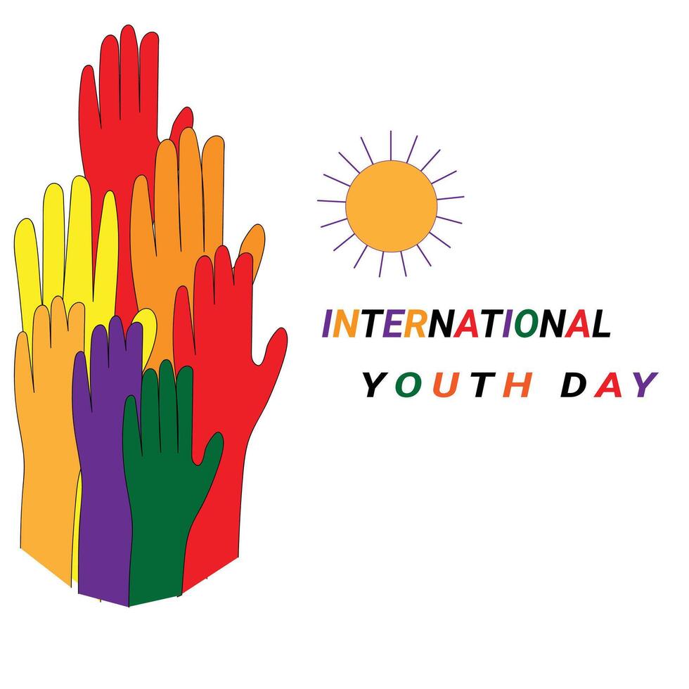 International Youth Day with Colorful Raised Hands and Sun Illustration. vector