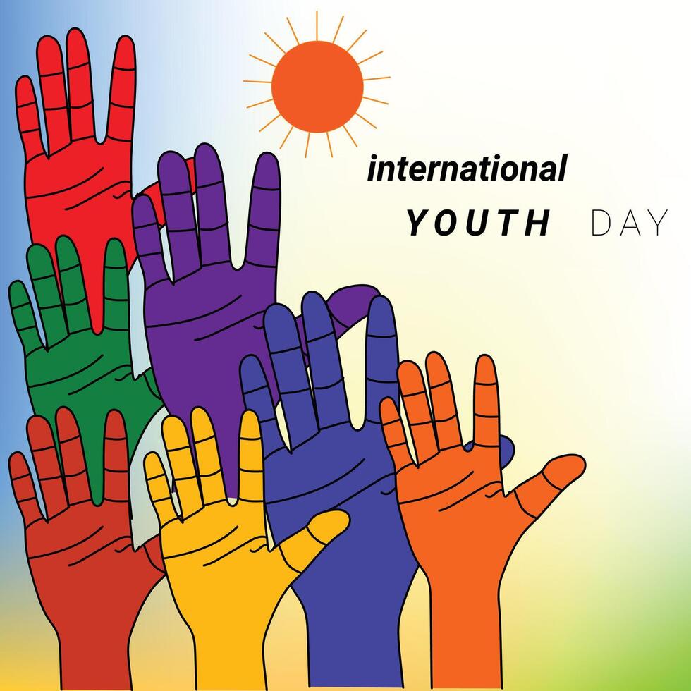 Colorful Raised Hands Illustration for International Youth Day Celebration. vector