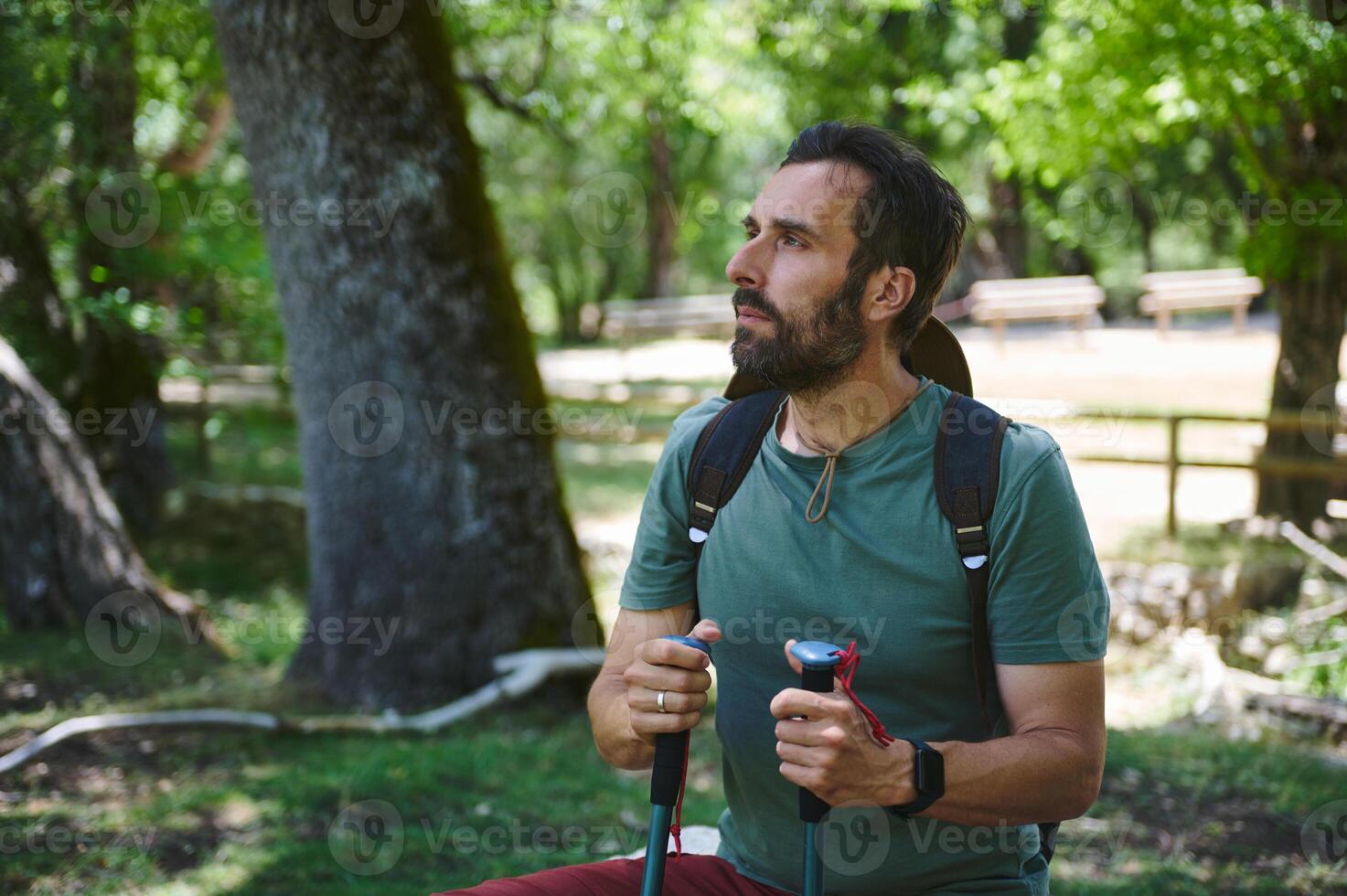 Male Adventurer Enjoying Scenic Hike in Lush Green Forest photo