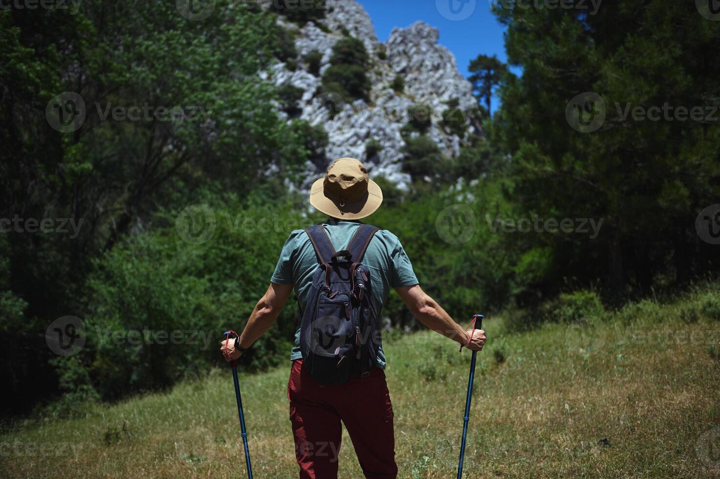 Adventurous Man Hiking Through Scenic Mountain Landscape on a Sunny Day photo