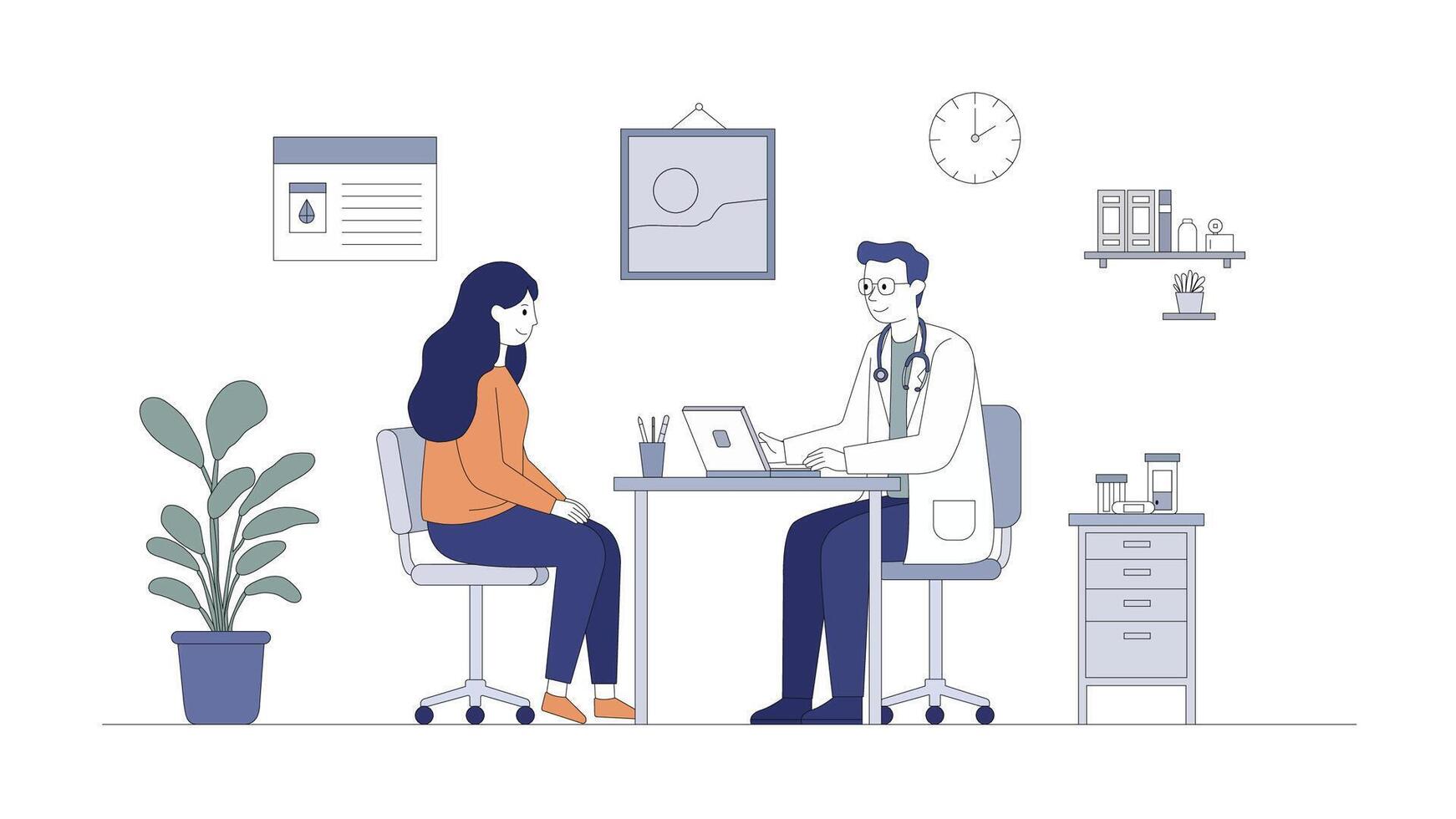 Flat illustration of a doctor consulting a female patient in a modern clinic office with minimal decor, laptop, plants, clinical furniture, calm muted colors. Professional and clean healthcare concept vector