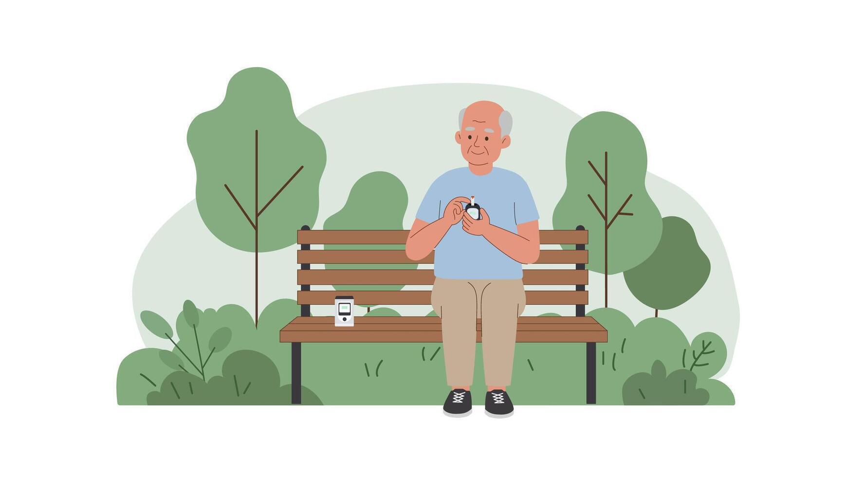 Elderly man checks blood sugar on a park bench in a peaceful nature setting. Soft colors and minimal design conveying calmness, health, and self-care vector