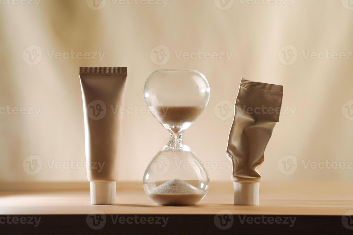Hourglass with falling sand and empty and full cream tubes. Minimalist beige skincare aging concept photo