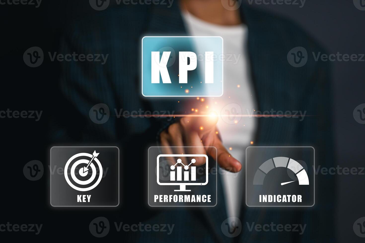 Businessman interacting with KPI interface, highlighting key performance indicators for business success. photo