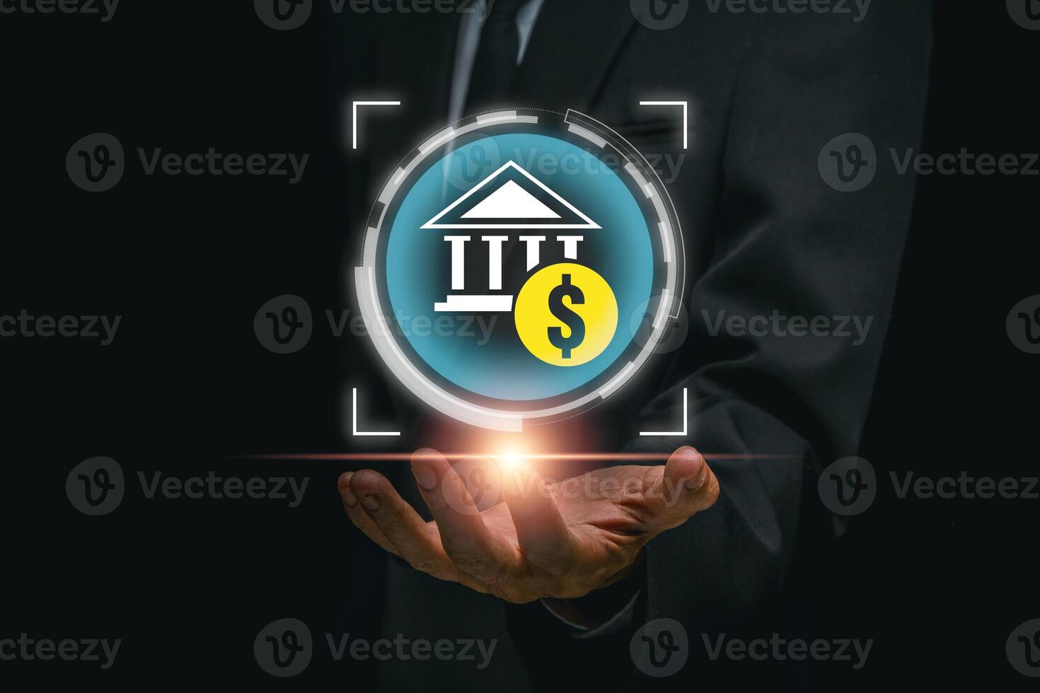 A businessman presents a digital icon symbolizing financial bonds, highlighting investment opportunities in a modern market. photo