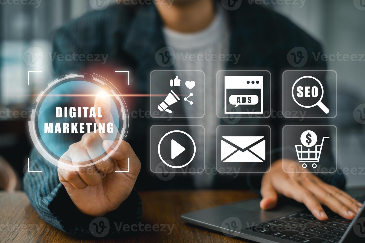 Businesswoman interacting with digital marketing icons, highlighting online advertising, SEO, and social media strategies. photo