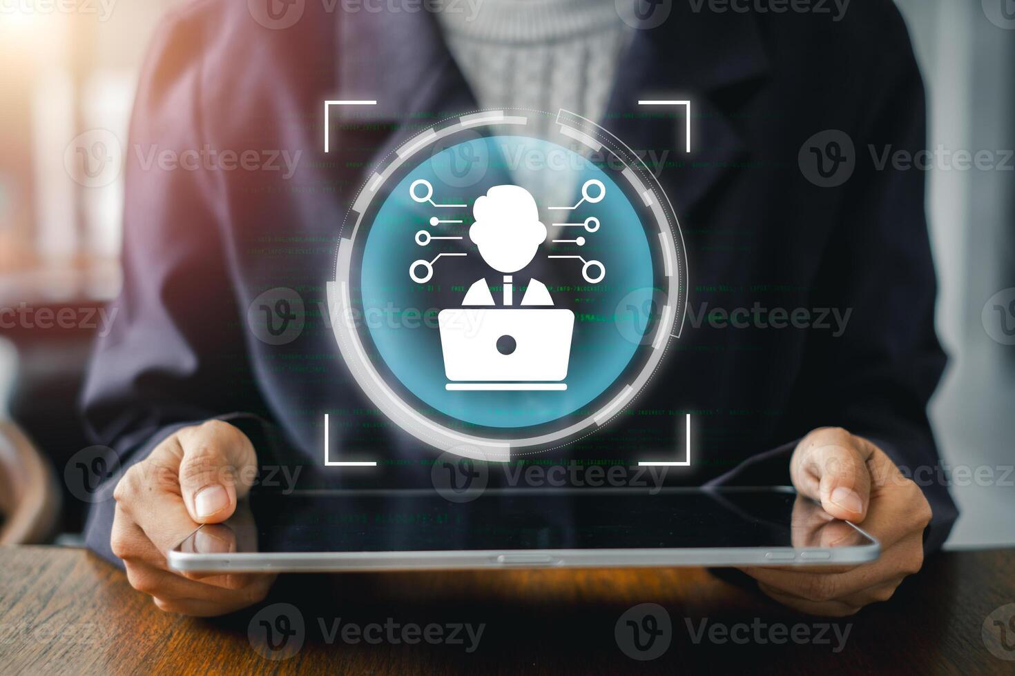 IT expert using a digital tablet with a futuristic interface, symbolizing technology, innovation, and data analysis. photo