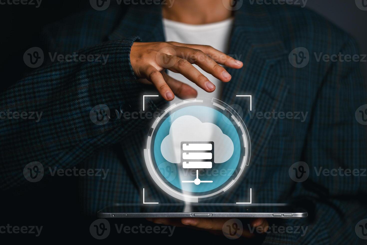 Visual representation of hosting with cloud technology, showcasing digital data management on a sleek tablet device. photo