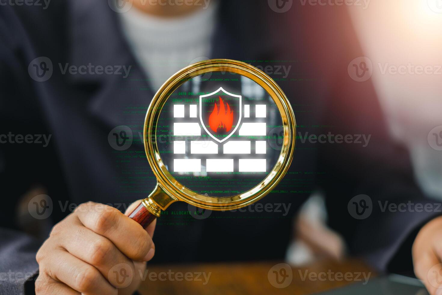 Digital representation of a firewall with a shield and magnifying glass, symbolizing cybersecurity and network protection. photo