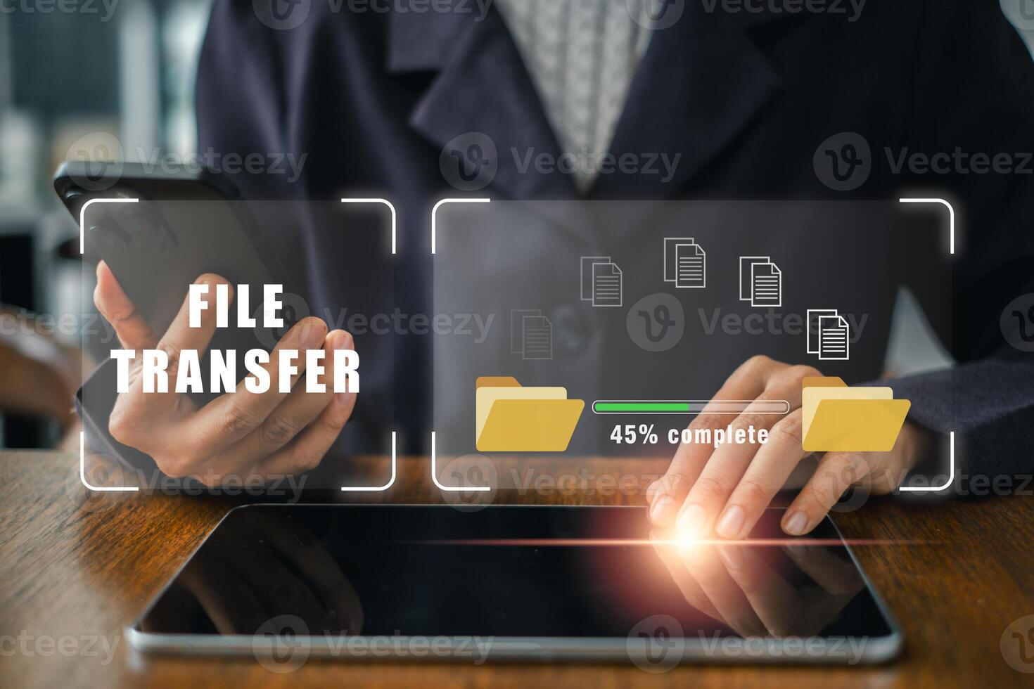 Visual representation of digital file transfer using smartphone and tablet, highlighting modern data exchange technology. photo