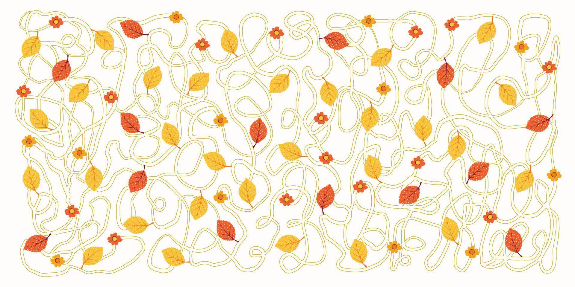 Hand Drawn Autumn Banner with Playful Squiggle Lines, Leaves and Flowers. Twisting vines with cute floral heads and foliage ideal for banners, posters, cards, invitations vector