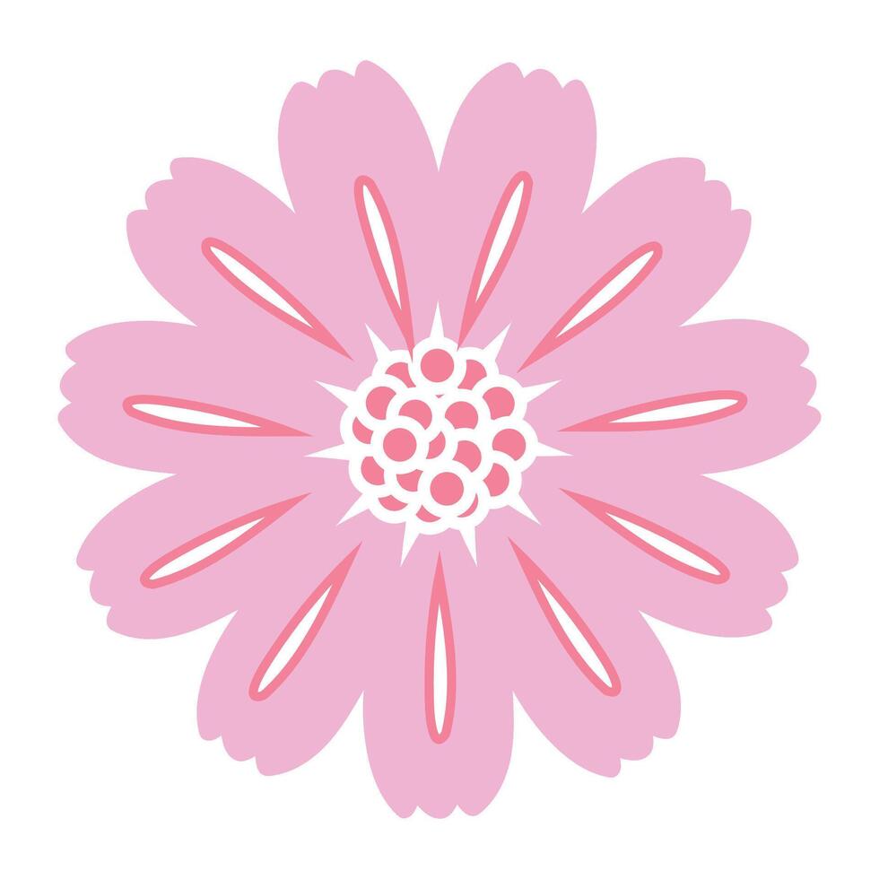 Pretty Pink Flower Head with Small Hand Drawn Decorations and Symmetrical Petals Isolated on White Background. Stylized floral icon in childish doodle style perfect for greeting cards, invitations vector