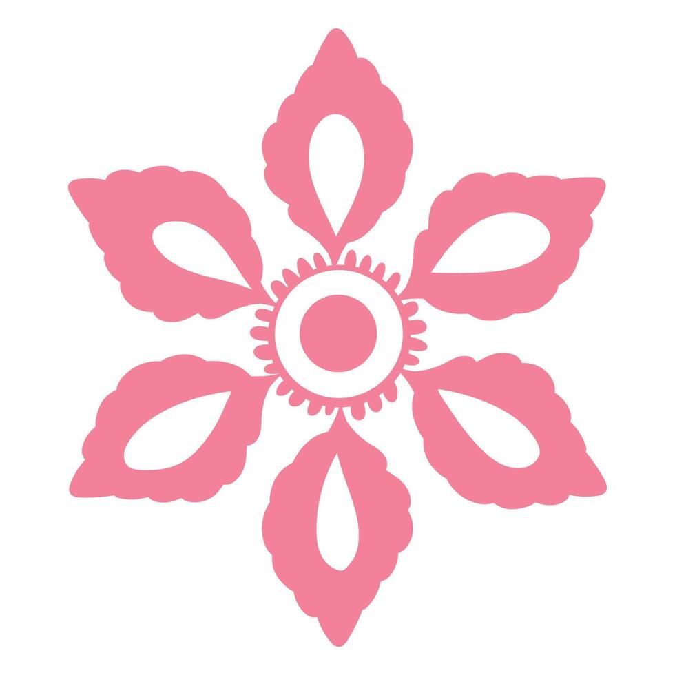Pink Flower Head with Small Hand Drawn Decorations and Symmetrical Petals Isolated on White Background. Stylized floral icon in childish doodle style perfect for greeting cards, invitations, print vector