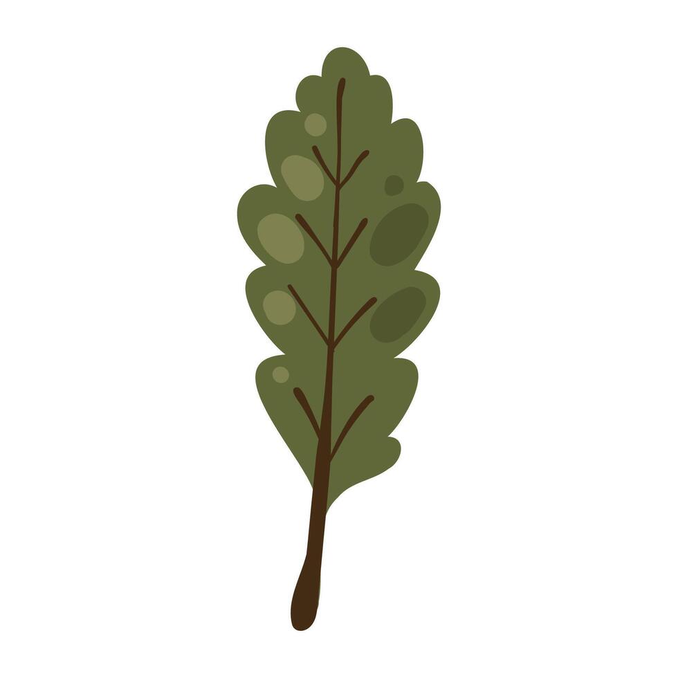 Green Leaf with Small Line Decorations in Flat Hand Drawn Style. Cartoon branch with tiny leaves isolated on white background perfect for autumn invitations, cards, posters, holidays, print, web vector