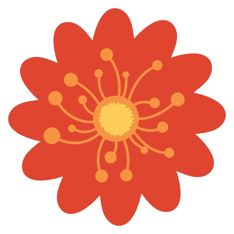 Cute Red Flower Head with Small Hand Drawn Decorations Isolated on White Background. Stylized floral icon in childish doodle style perfect for greeting cards, invitations, print, banners, web vector