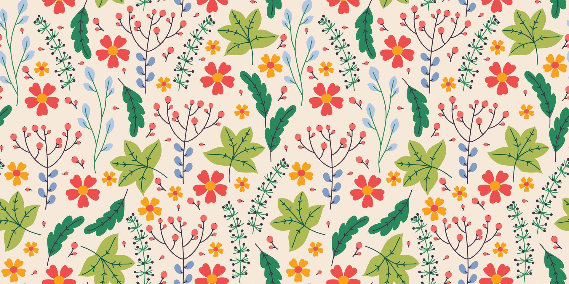 Floral pattern with colorful flowers and leaves vector