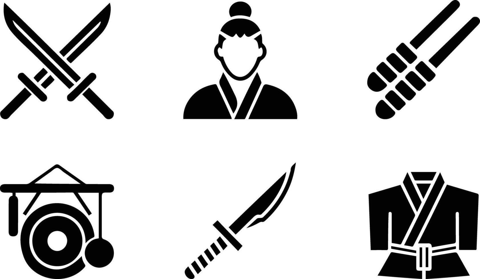 Samurai and Martial Arts Icon Set in Black Silhouette Style vector