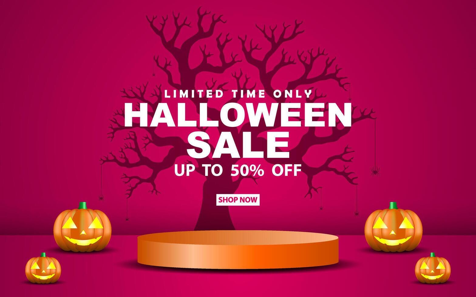Halloween sale banner template featuring spooky background and elements with a podium display. Perfect for promotional banners, website backgrounds, vector