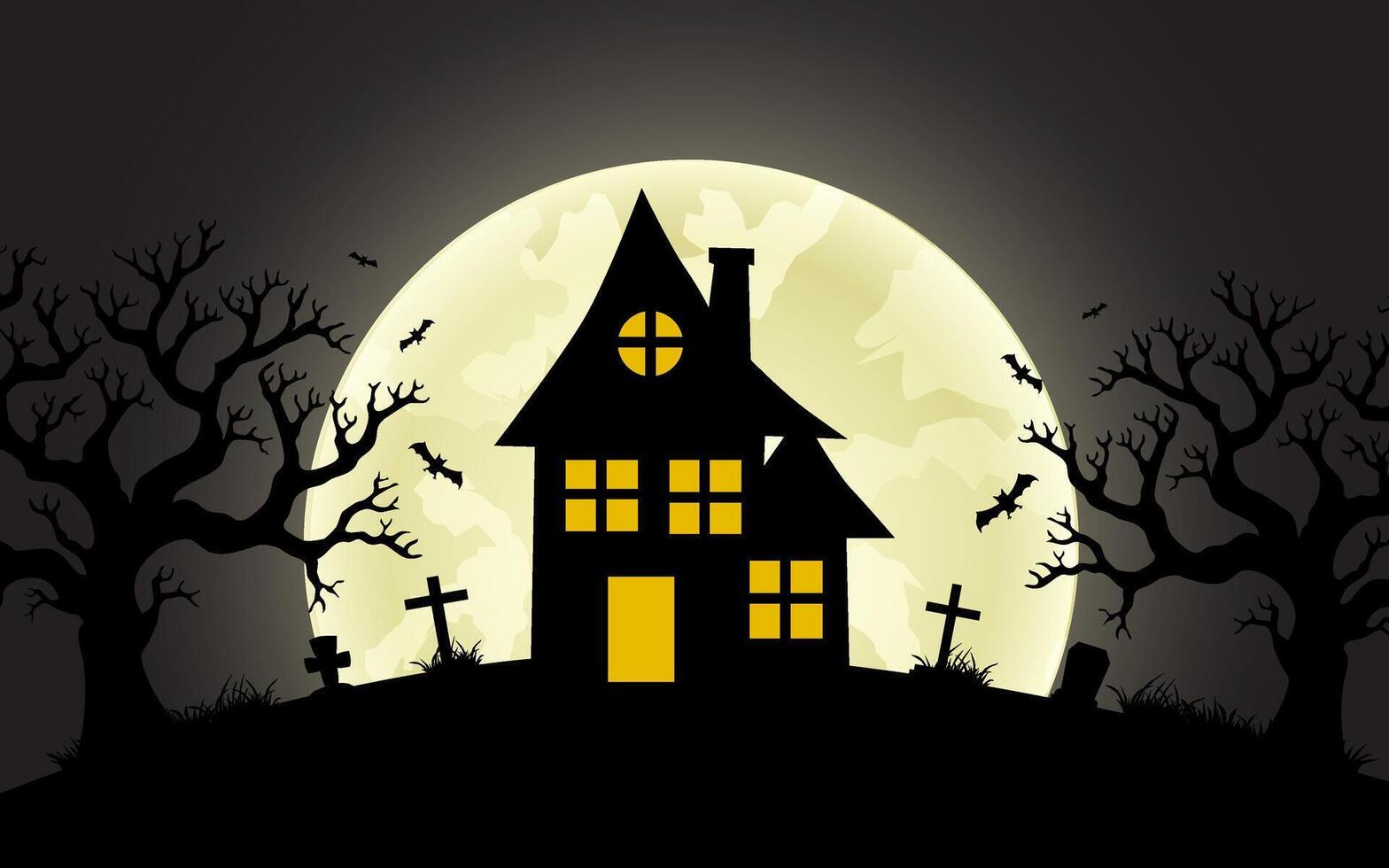 Halloween background with haunted house, full moon, pumpkins and trees, bats and spiders. vector