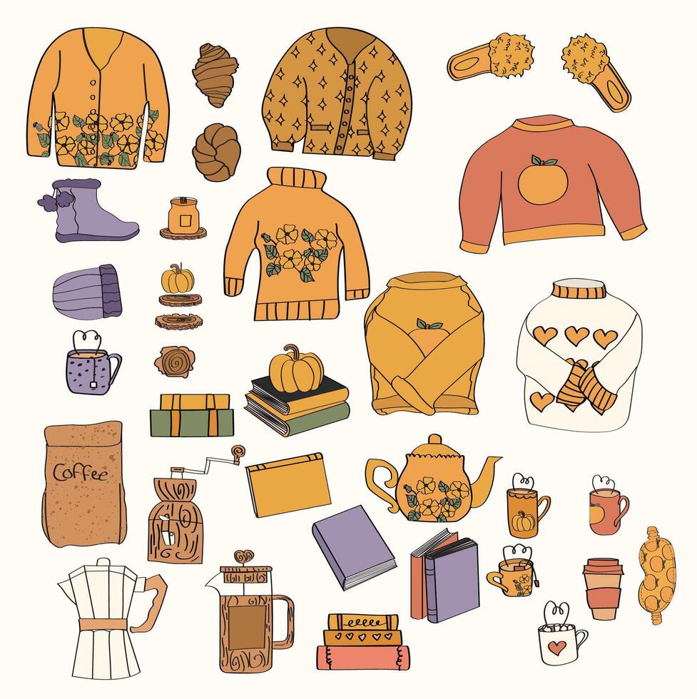 hygge cozy clothing and items graphic elements collection vector