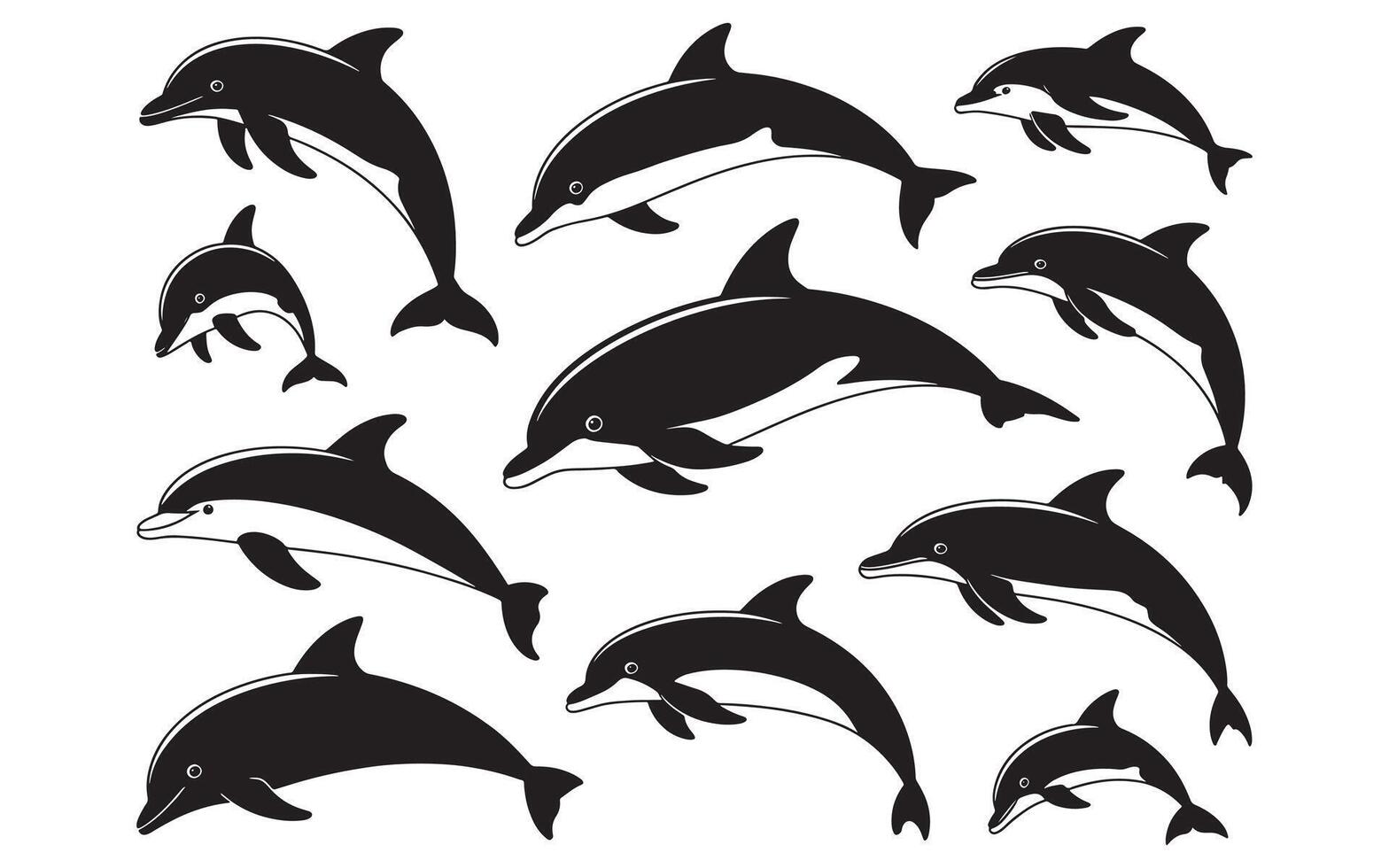 Black and white dolphin silhouettes on white background illustration vector