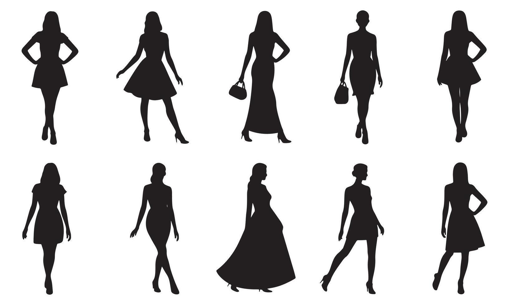 Black Silhouettes of Women in Various Dresses and Poses on White Background vector