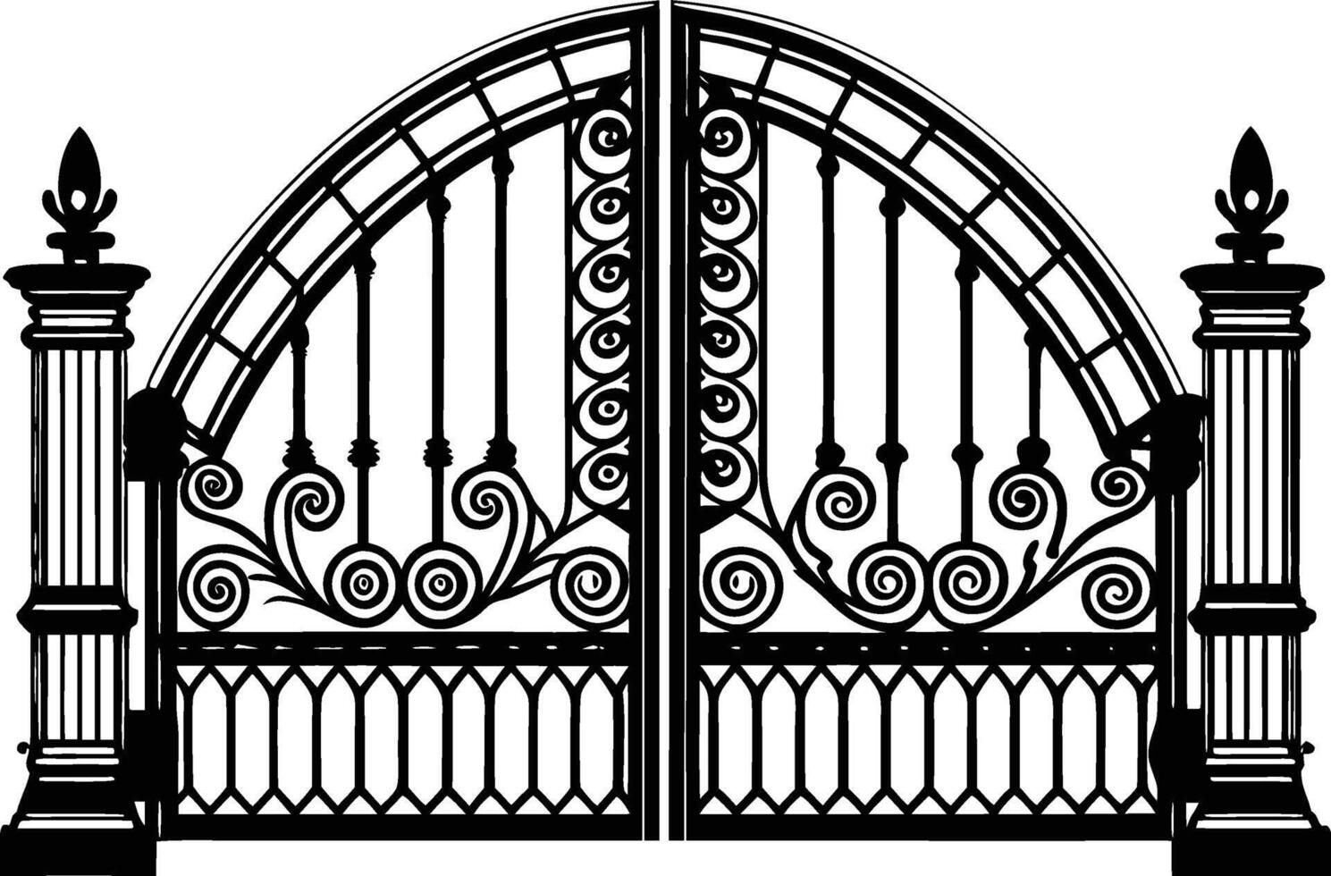 Ornate Wrought Iron Gate with Stone Pillars silhouette. vector