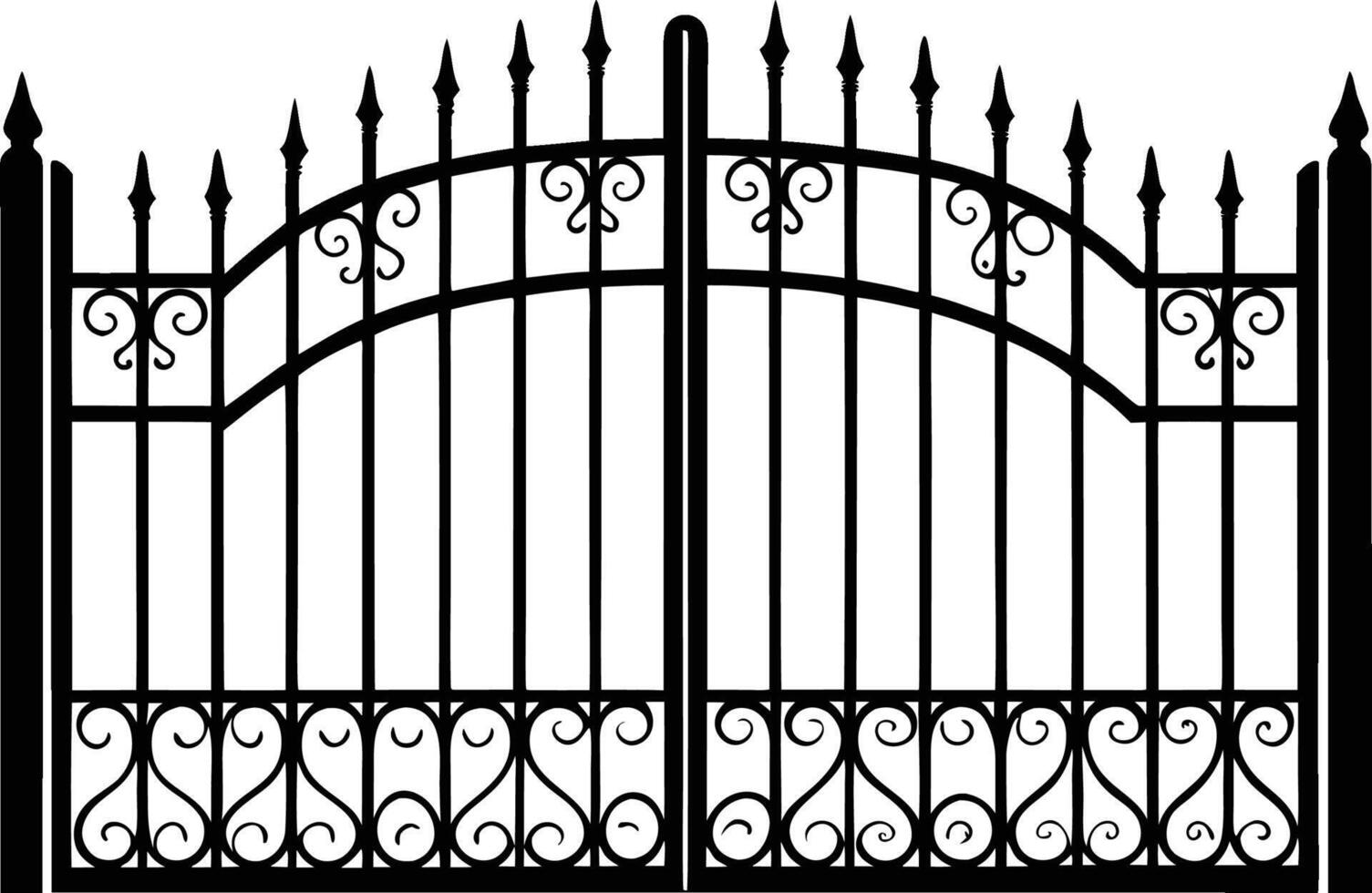 Ornate Iron Gate Black Metal Entryway with Scrollwork and Spikes silhouette. vector